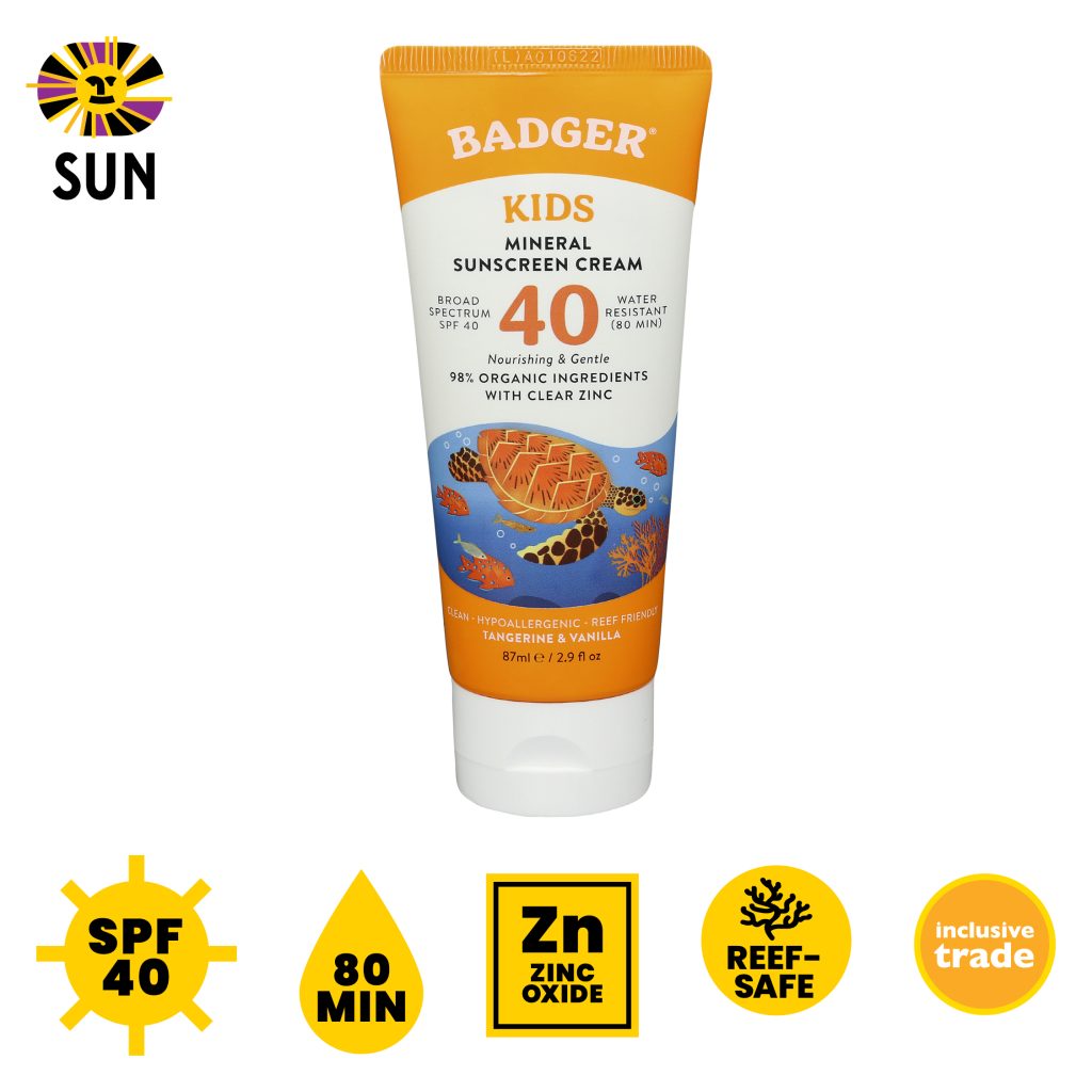 Badger SPF 40 Kids Mineral Sunscreen, tangerine and vanilla, 80 min, zinc oxide, reef-safe, inclusive trade