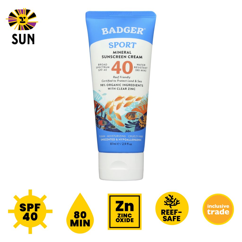 Badger SPF 40 Sport Mineral Sunscreen, unscented, 80 min, zinc oxide, reef-safe, inclusive trade