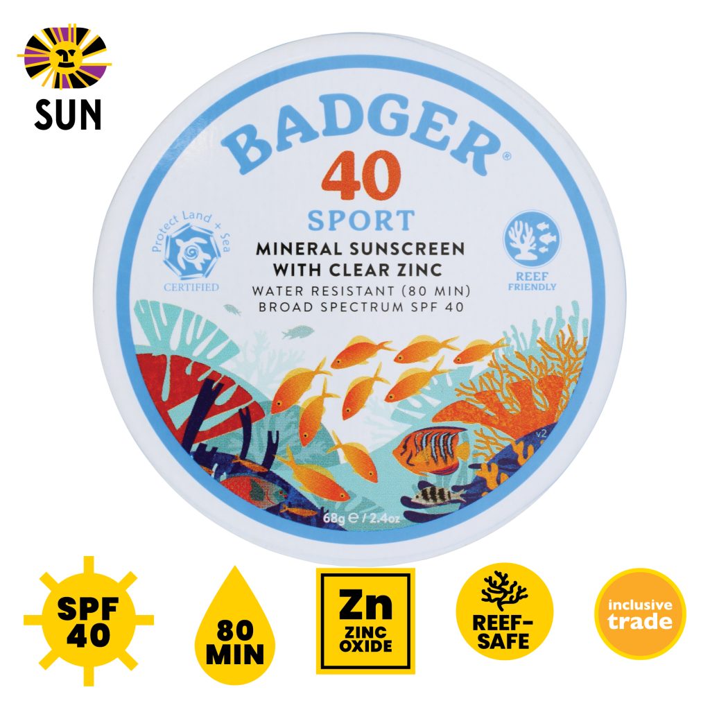 Badger SPF 40 Sport Mineral Sunscreen, unscented; plastic-free, 80 min, zinc oxide, reef-safe, inclusive trade