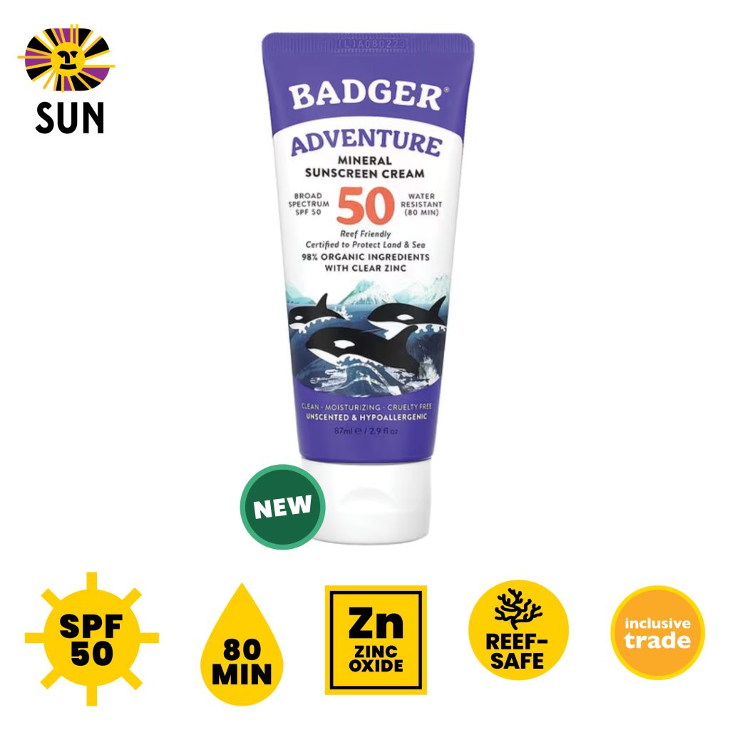 Badger SPF 50 Adventure Mineral Sunscreen, unscented, 80 min, zinc oxide, reef-safe, inclusive trade