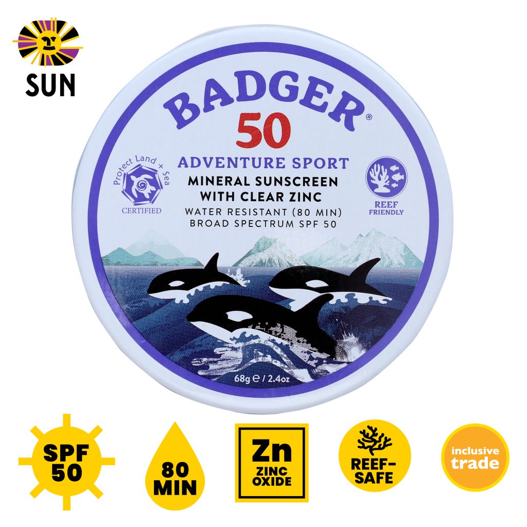 Badger SPF 50 Adventure Sport Mineral Sunscreen, unscented; plastic-free, 80 min, zinc oxide, reef-safe, inclusive trade