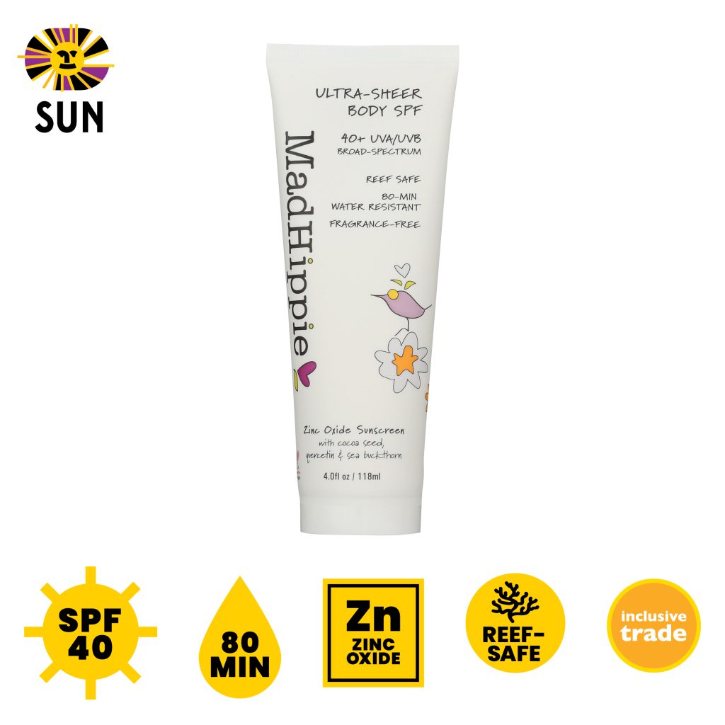 Mad Hippie SPF 40 Ultra Sheer Body, fragrance-free, 80 min, zinc oxide, reef-safe, inclusive trade