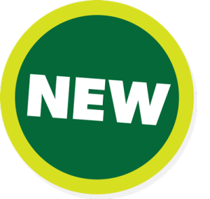 The word NEW in a green circle outlined in a lime green circle