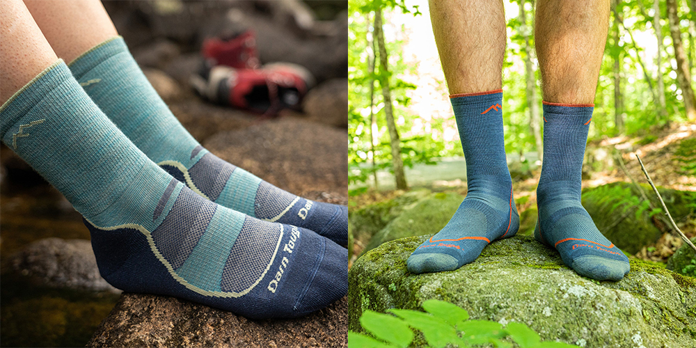 A person wearing only socks outdoors in a forest